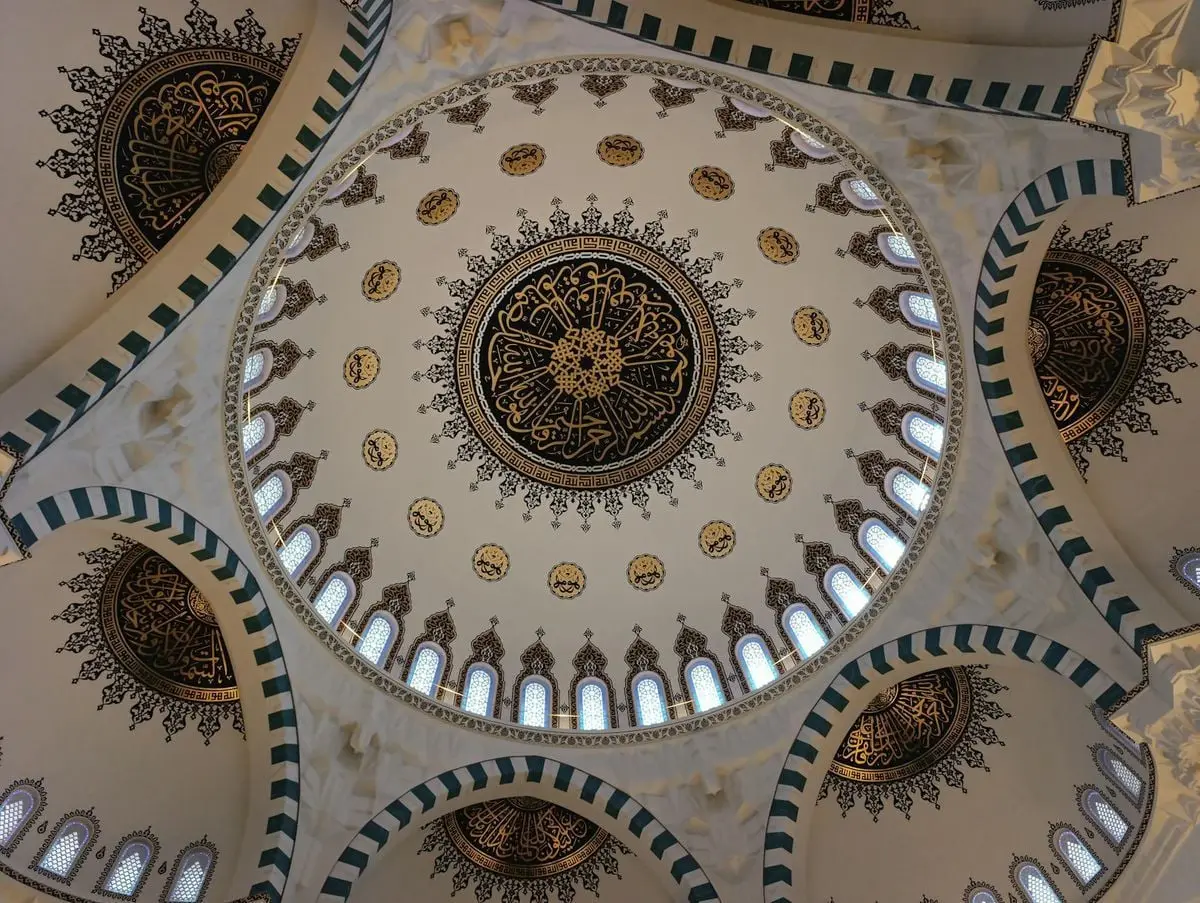 Detailed view of the ornate dome inside Kocatepe Mosque, Ankara, Türkiye.