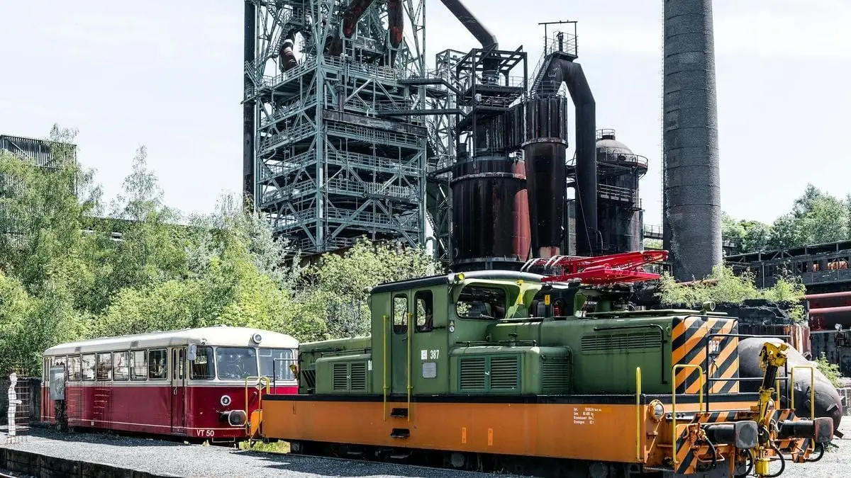 Vintage trains displayed at Henrichshütte Industrial Museum in Hattingen, Germany.