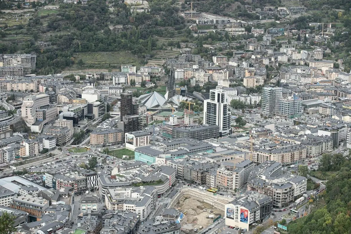 Aerial perspective of Andorra la Vella showcasing its urban landscape and unique architecture.