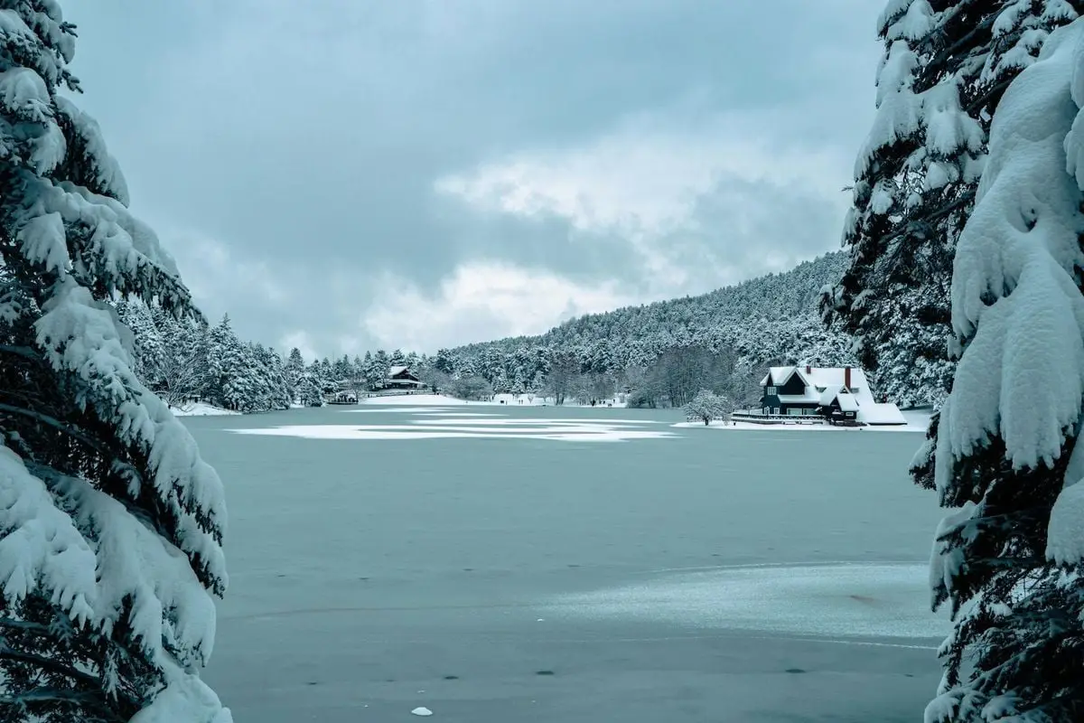 Snow-covered landscape with houses and trees in Golcuk Nature Park, Turkey.