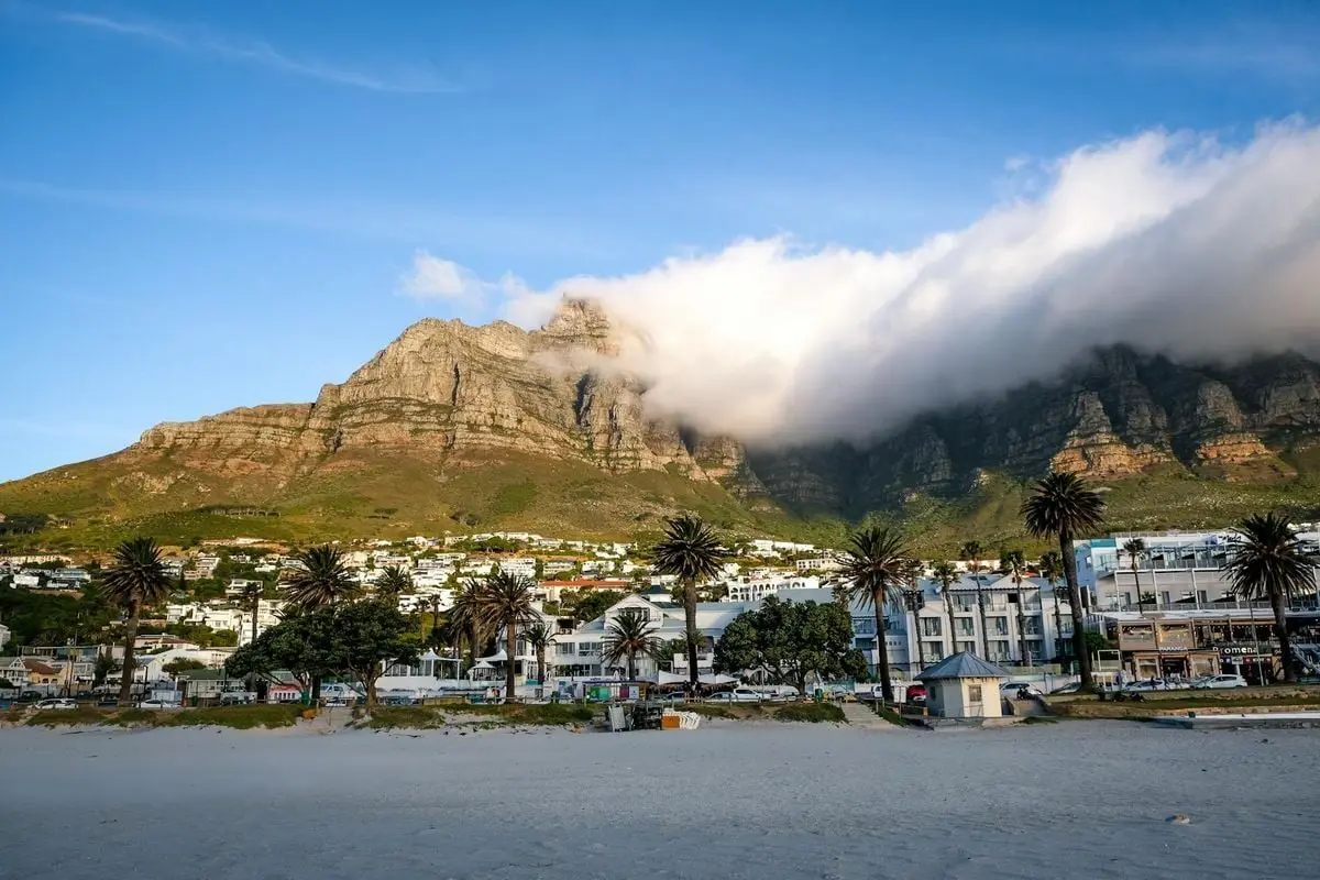 Beautiful view of Table Mountain and Camps Bay beach in Cape Town, South Africa.