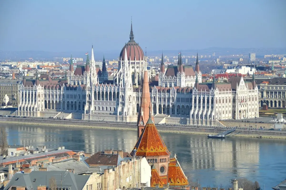 Stunning aerial shot of Budapest's Parliament Building on the Danube River.