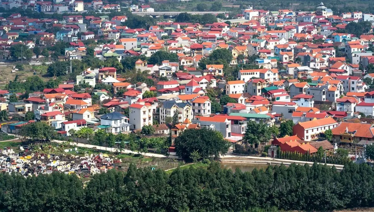 Aerial view of a colorful town with red-roofed houses surrounded by trees.
