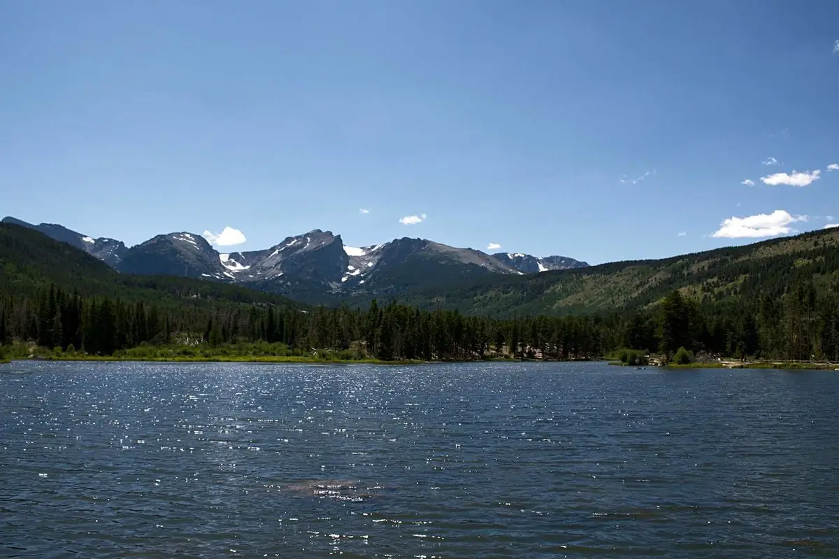 Peaceful lake with mountain backdrop under blue skies in Wyoming.