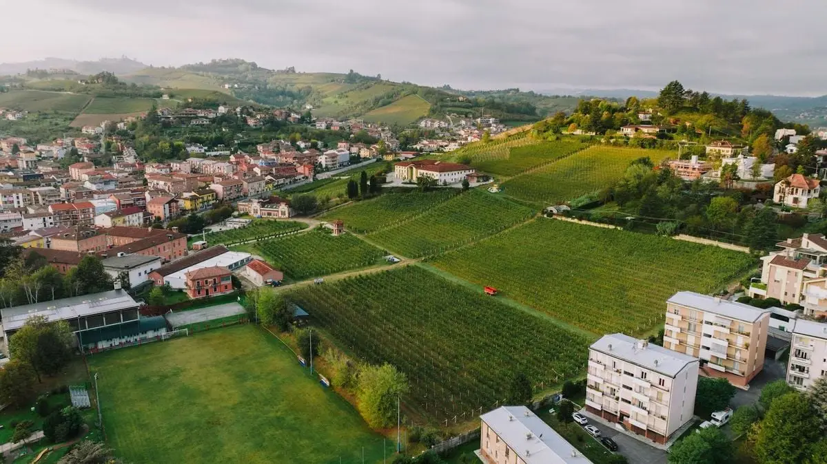 Drone shot of lush vineyards in Alba, Italy, highlighting picturesque countryside and town.