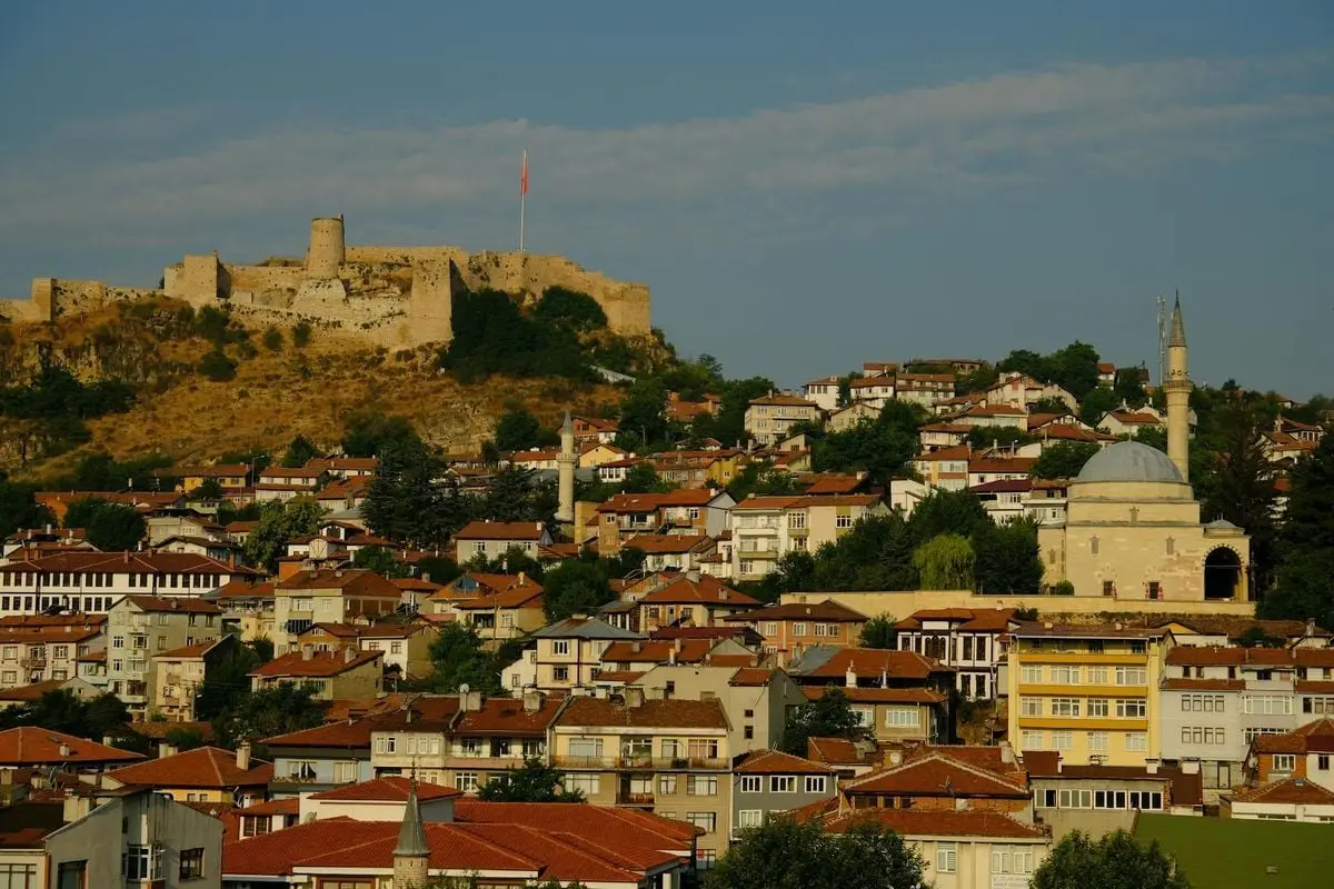 Scenic view of a Turkish town with an ancient citadel and mosque at dusk.