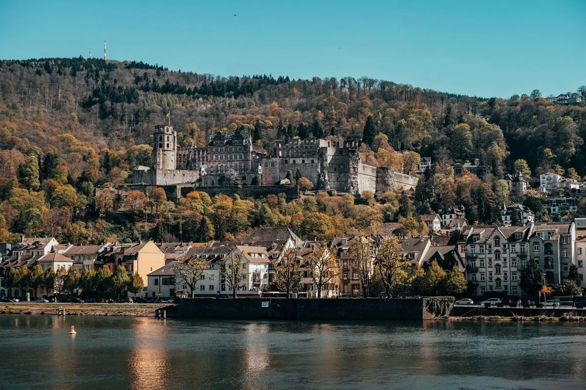 Scenic landscape of Heidelberg Castle with lush autumn foliage and reflective river.