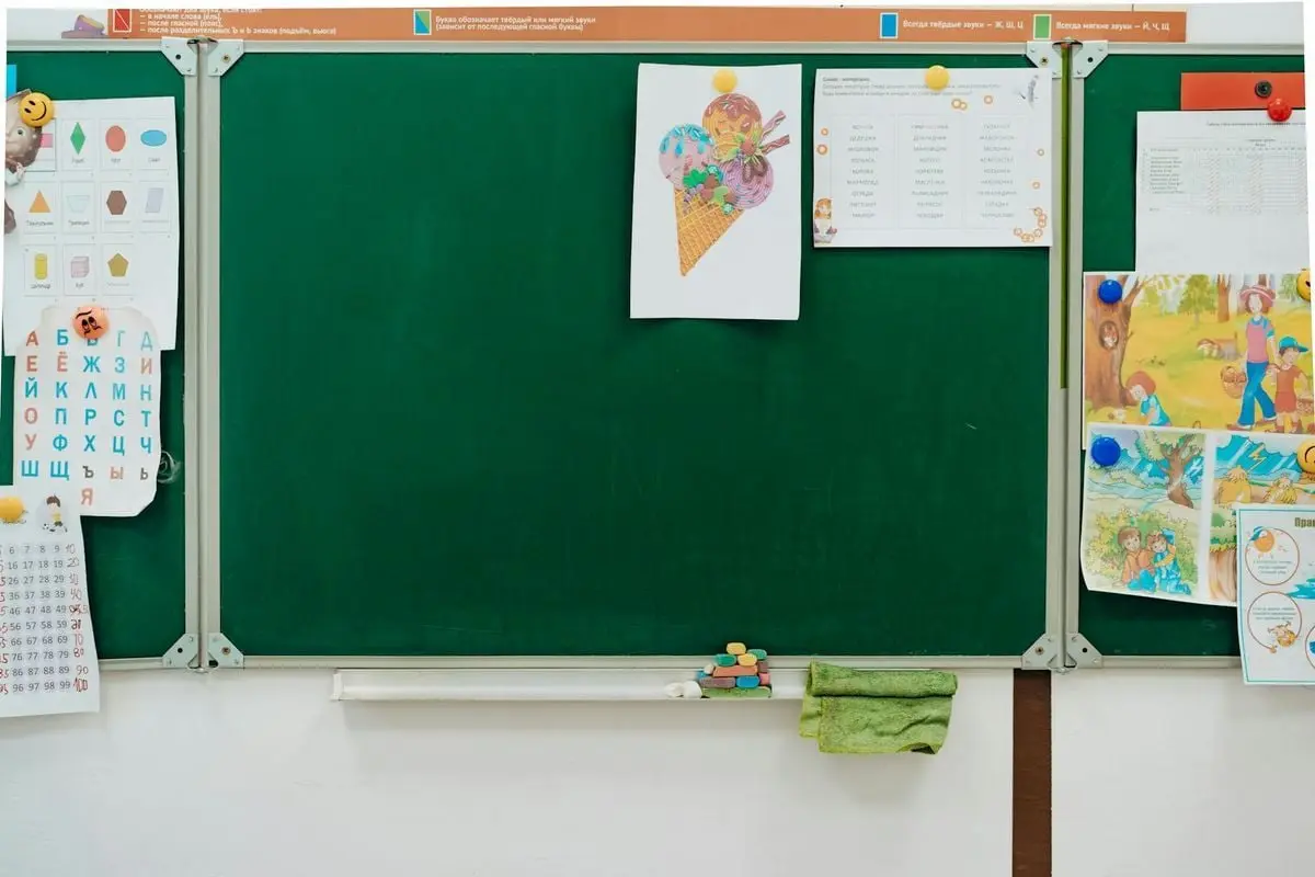 A classroom chalkboard adorned with educational posters and drawings, creating a vibrant learning environment.