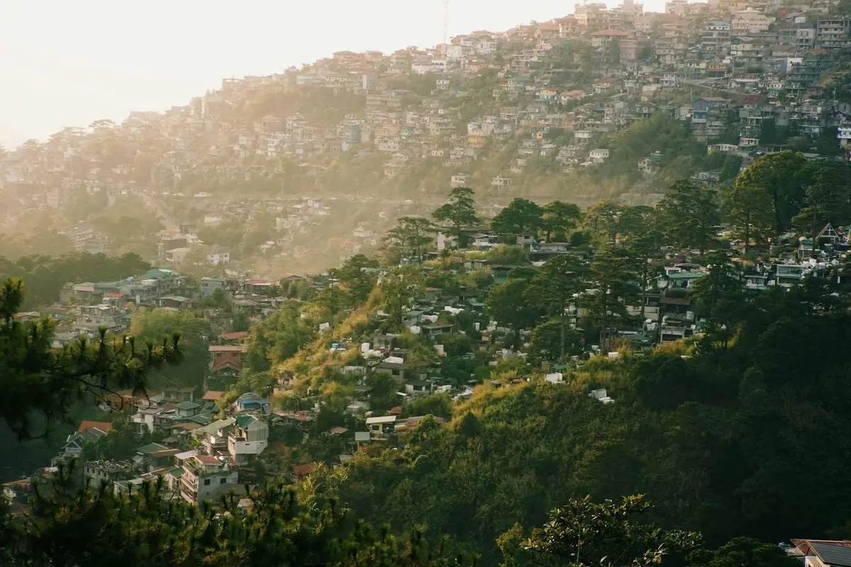 A stunning view of the hillside residential area in Shimla, India, surrounded by lush trees and summer lighting.