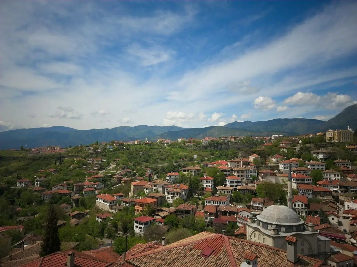 Breathtaking view of Safranbolu's traditional houses in a lush landscape under a bright summer sky.
