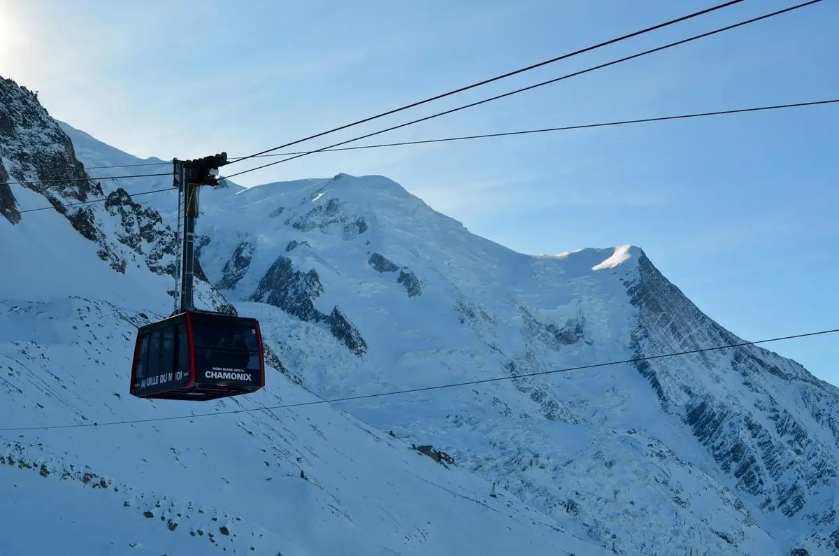 Cable car ascending Aiguille du Midi with Mont Blanc as a backdrop in winter, Chamonix.