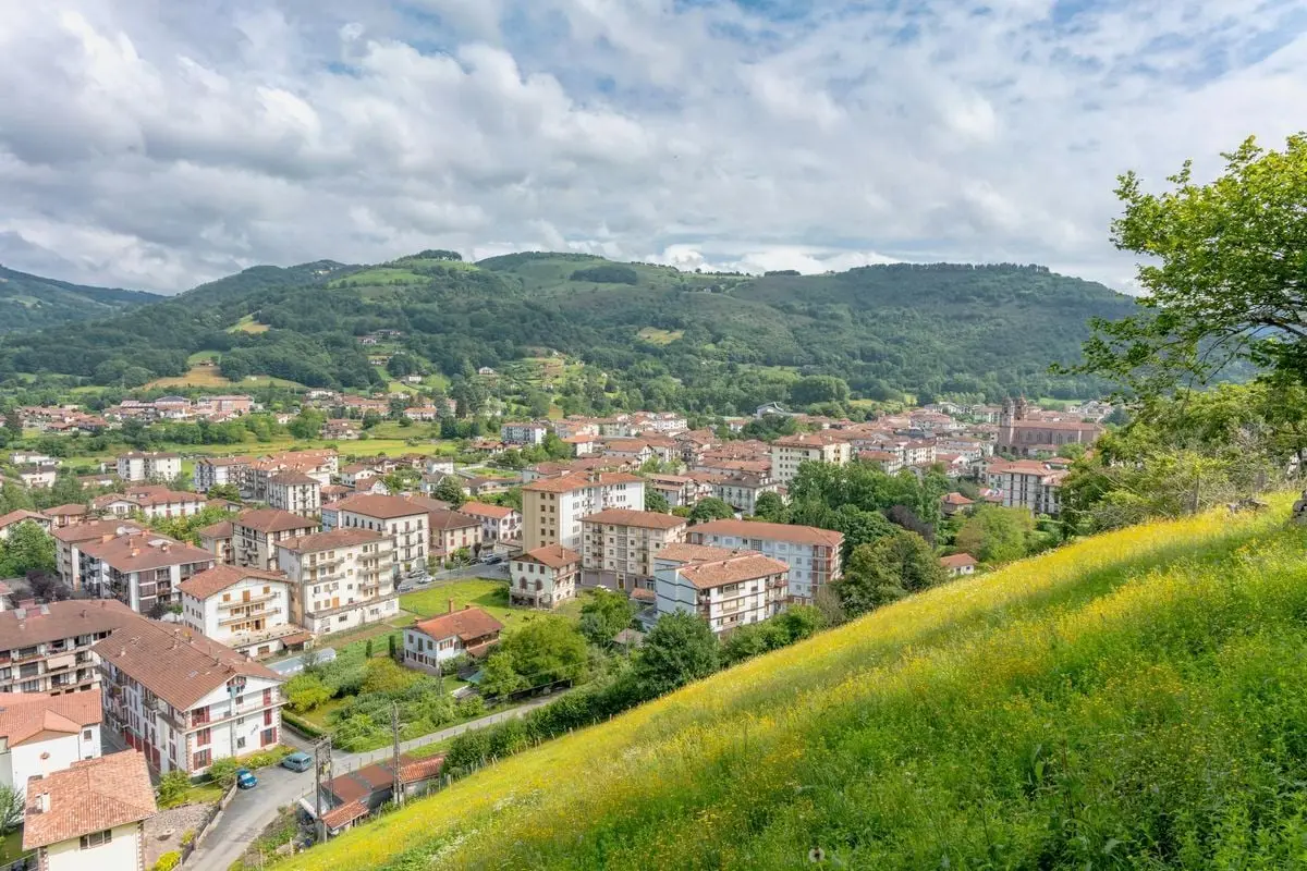 A picturesque view of Elizondo, Spain, showing charming town buildings and lush green hills.