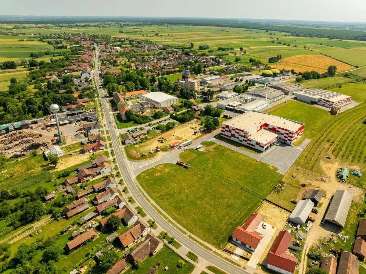 Aerial shot of Hercegovac, Croatia showcasing the town and industrial area.