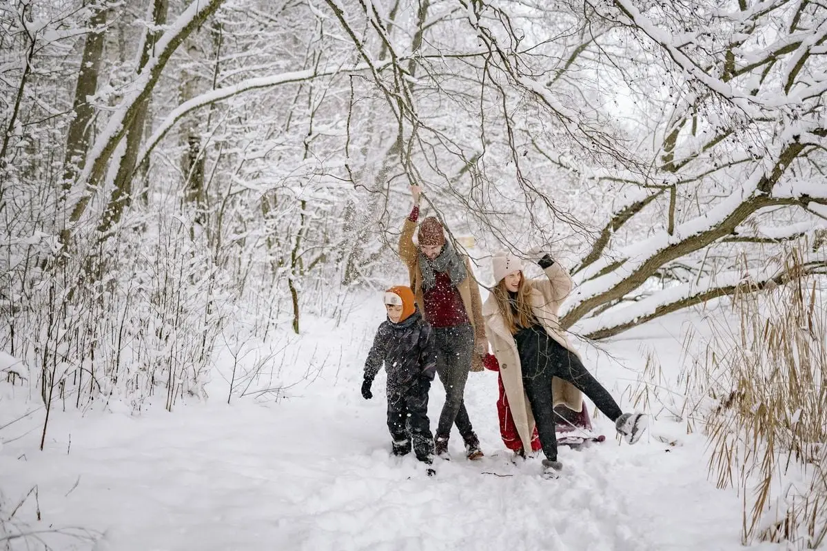Family enjoys a winter walk in a snow-covered forest, surrounded by icy beauty.