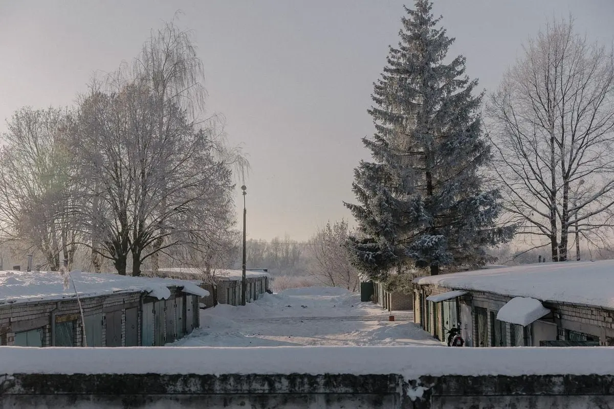 Picturesque winter scene of snow-covered garages with frosty trees, embodying urban tranquility.