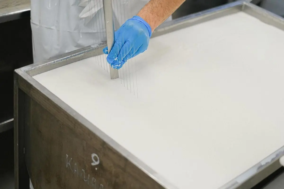 Worker using a tool in cheese production at a dairy, showcasing detailed cheese-making process.