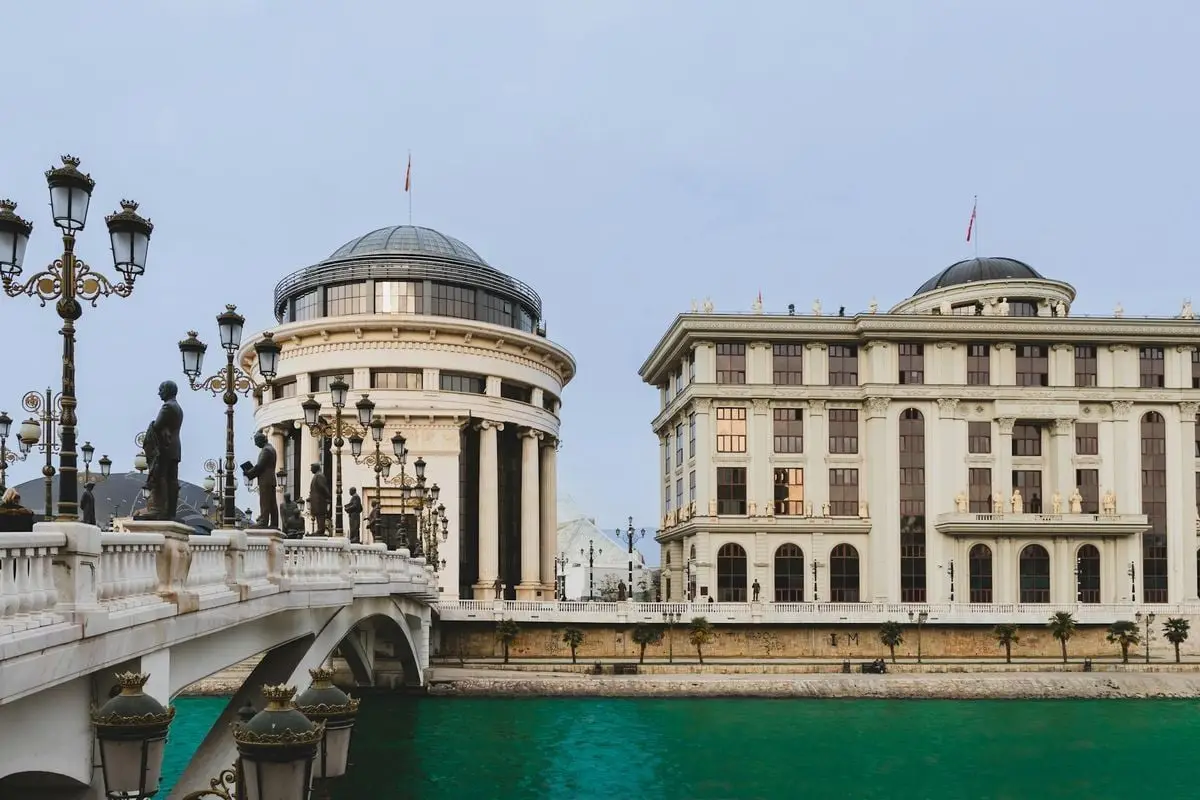 Scenic view of architectural landmarks on the Vardar River in Skopje, Macedonia.