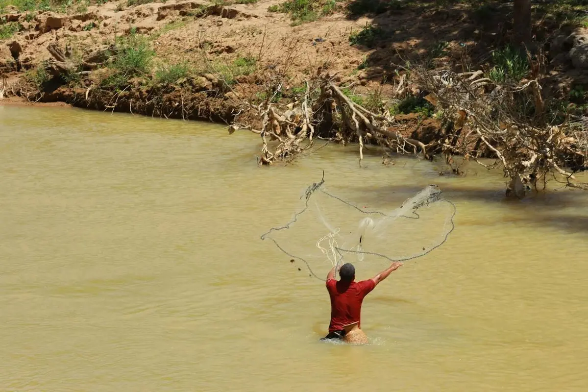 A lone fisherman casts a net into a rural river surrounded by nature.