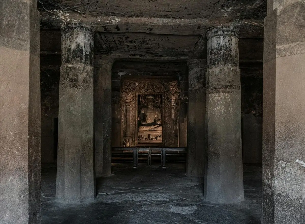Explore the ancient Ajanta Caves in Maharashtra, India, featuring intricate stone carvings.
