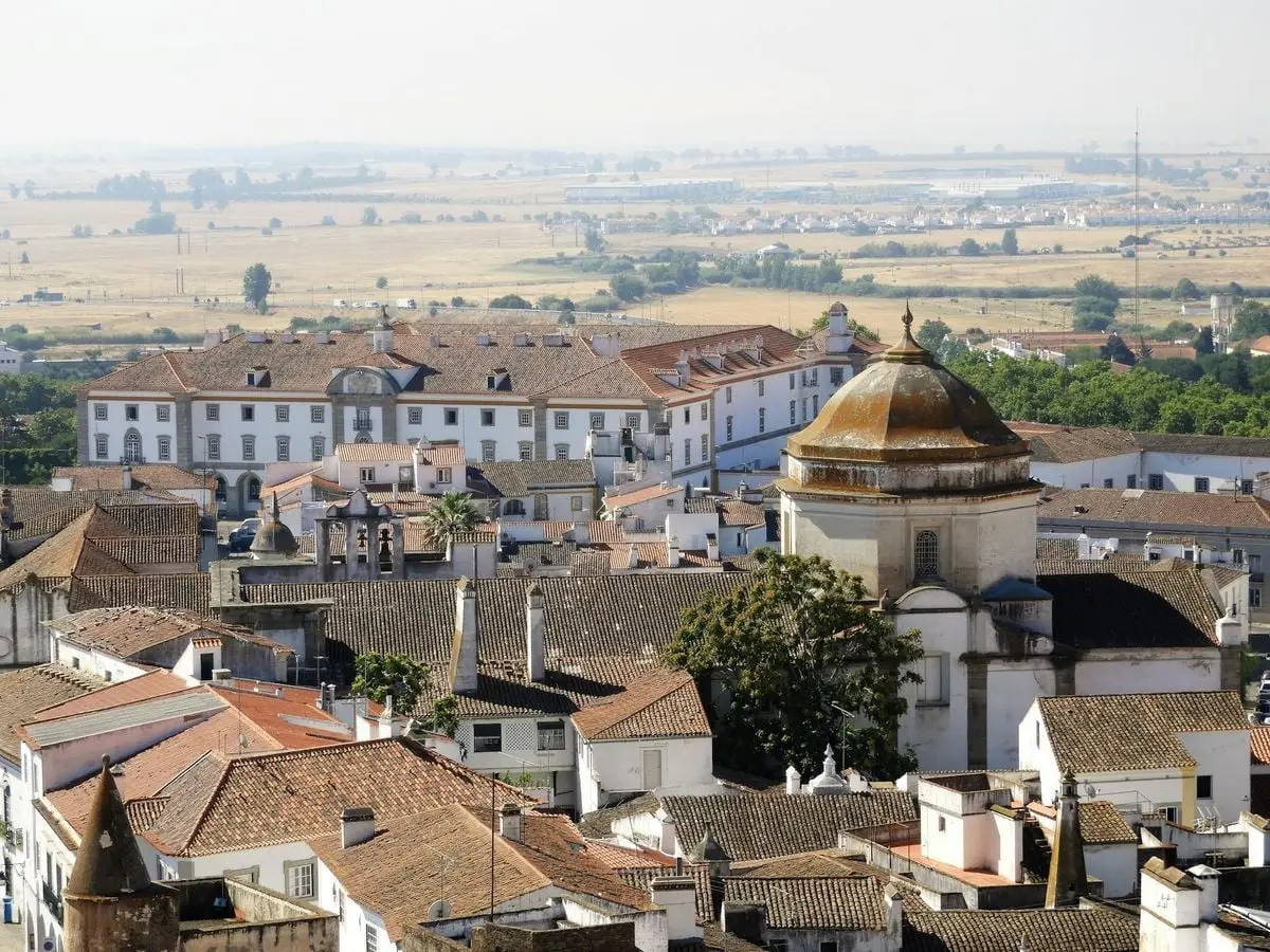 Aerial shot of the picturesque historic town of Evora, Portugal, featuring traditional architecture.