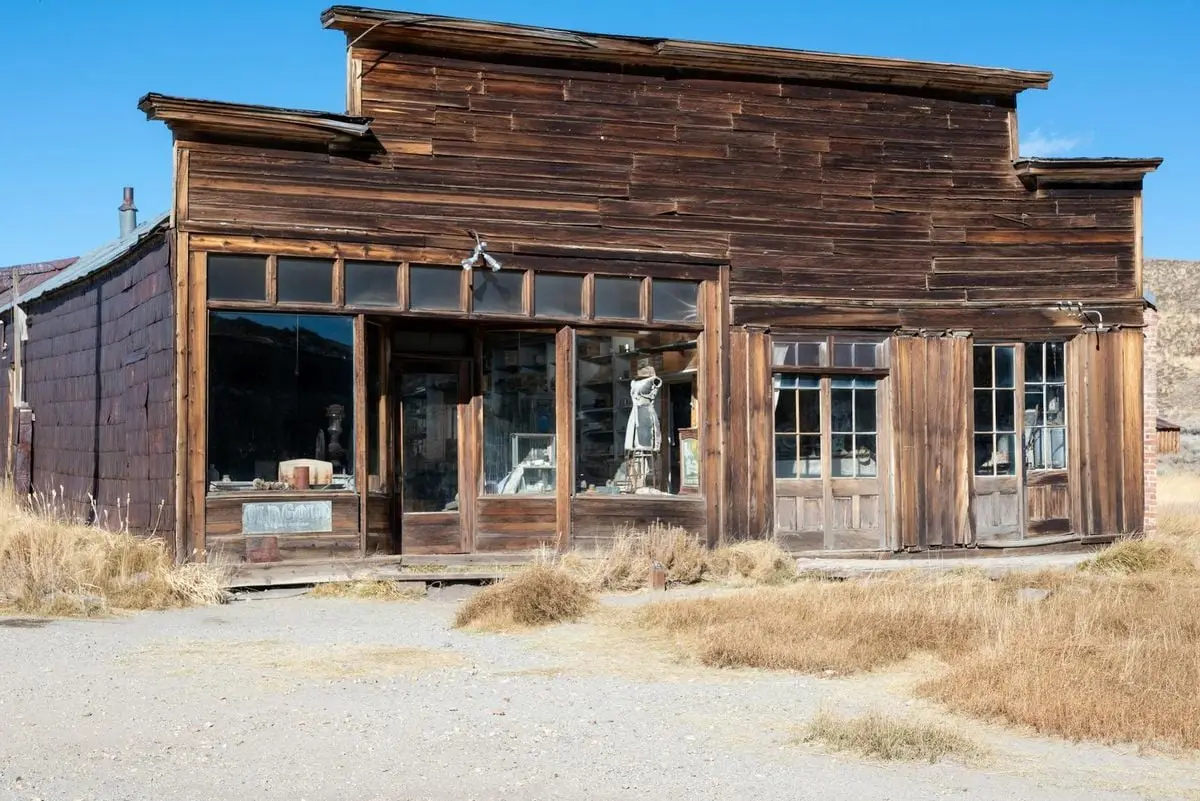 Historic wooden building in Bodie State Historic Park, California showcasing desert ghost town architecture.