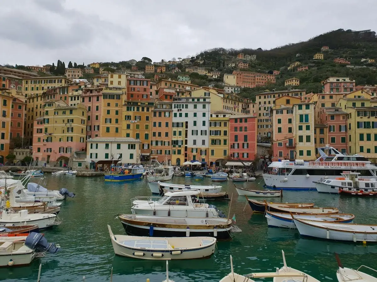 Colorful buildings and boats in Camogli, Italy, showcasing a picturesque waterfront townscape.