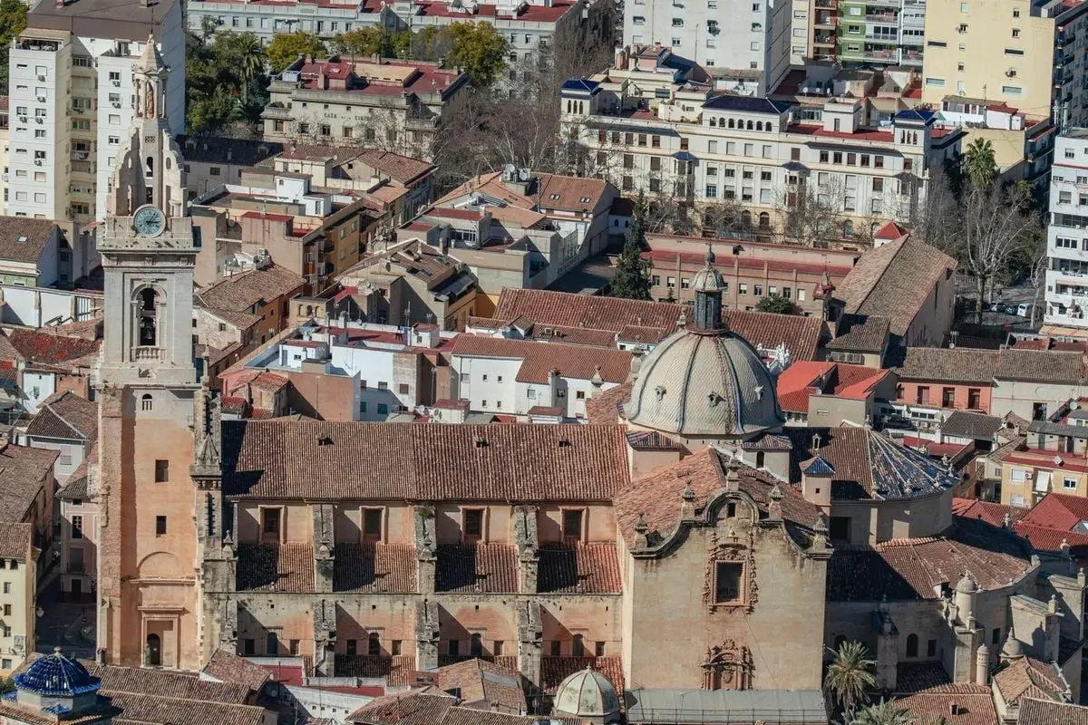 Aerial photograph of Xàtiva, showcasing historic architecture and urban landscape in Spain.