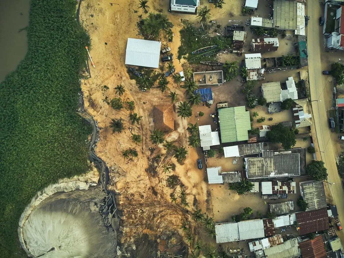 Drone shot capturing the unique landscape and layout of Grand-Bassam, Côte d'Ivoire.