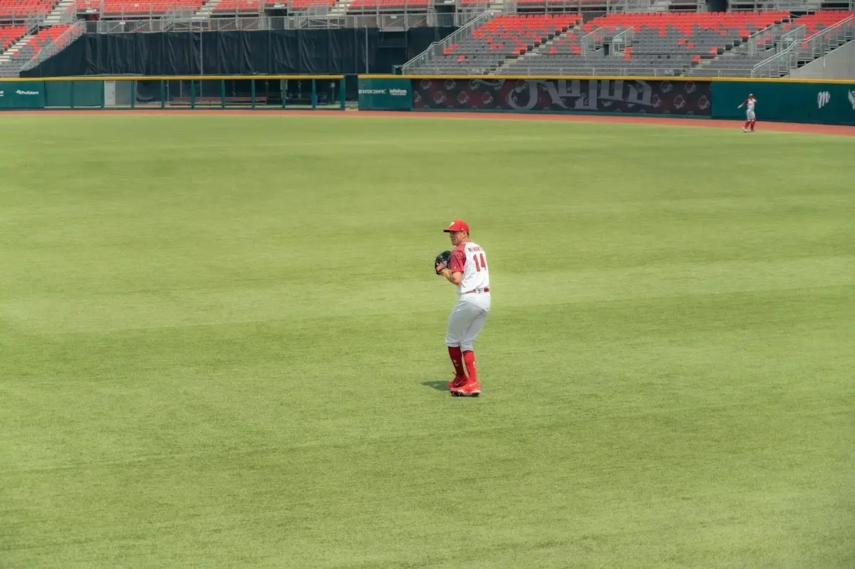 A baseball player in action on a sunny day at the stadium. Perfect sports imagery.
