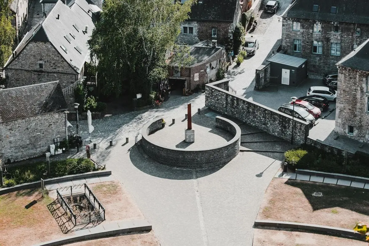 Aerial perspective of cobblestone streets and stone buildings in charming Durbuy, Belgium.