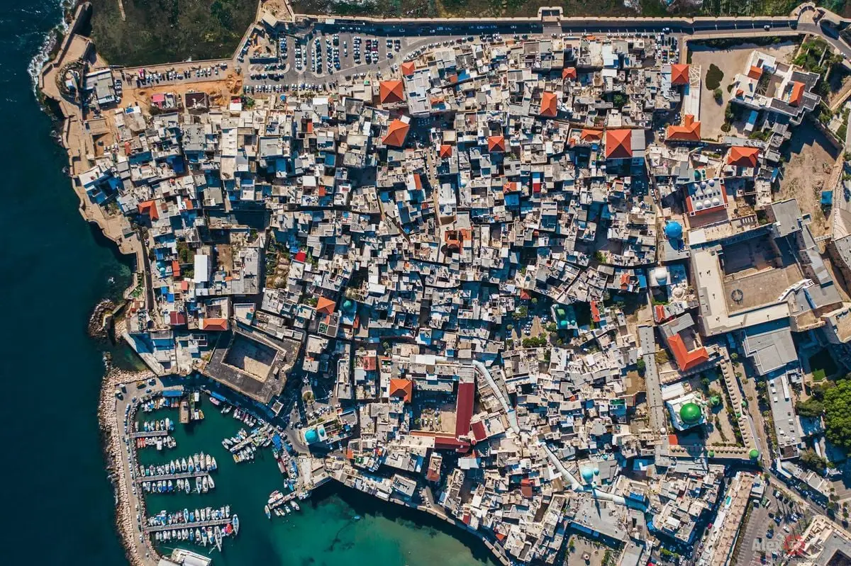Stunning aerial view of a dense coastal cityscape and harbor.