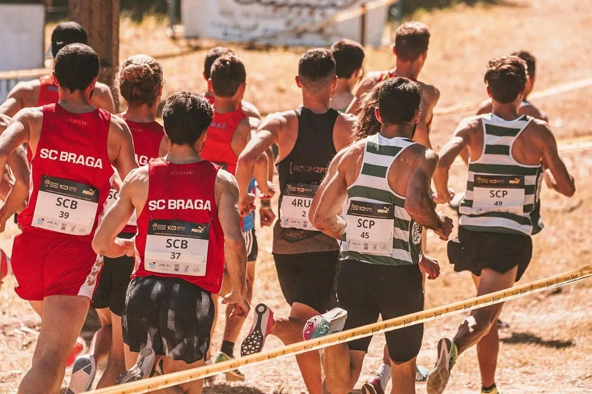 Back view of a group of athletes running in a marathon outdoors during the day.