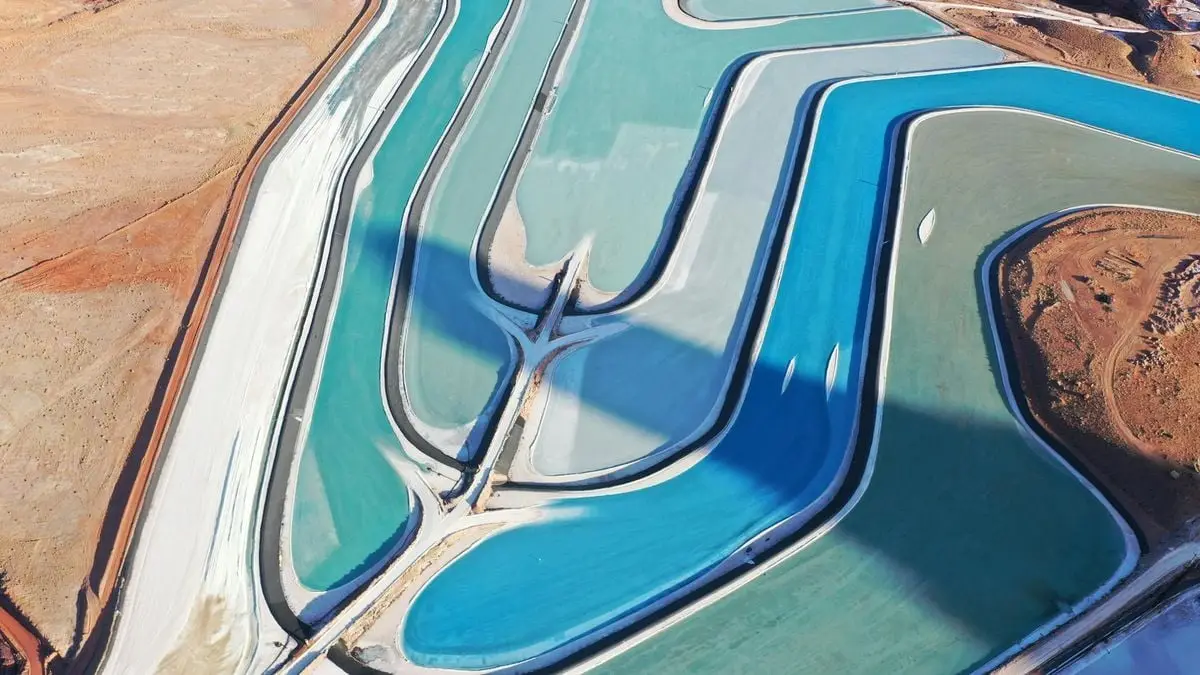 Stunning aerial image of vibrant potash evaporation ponds near Moab, Utah.