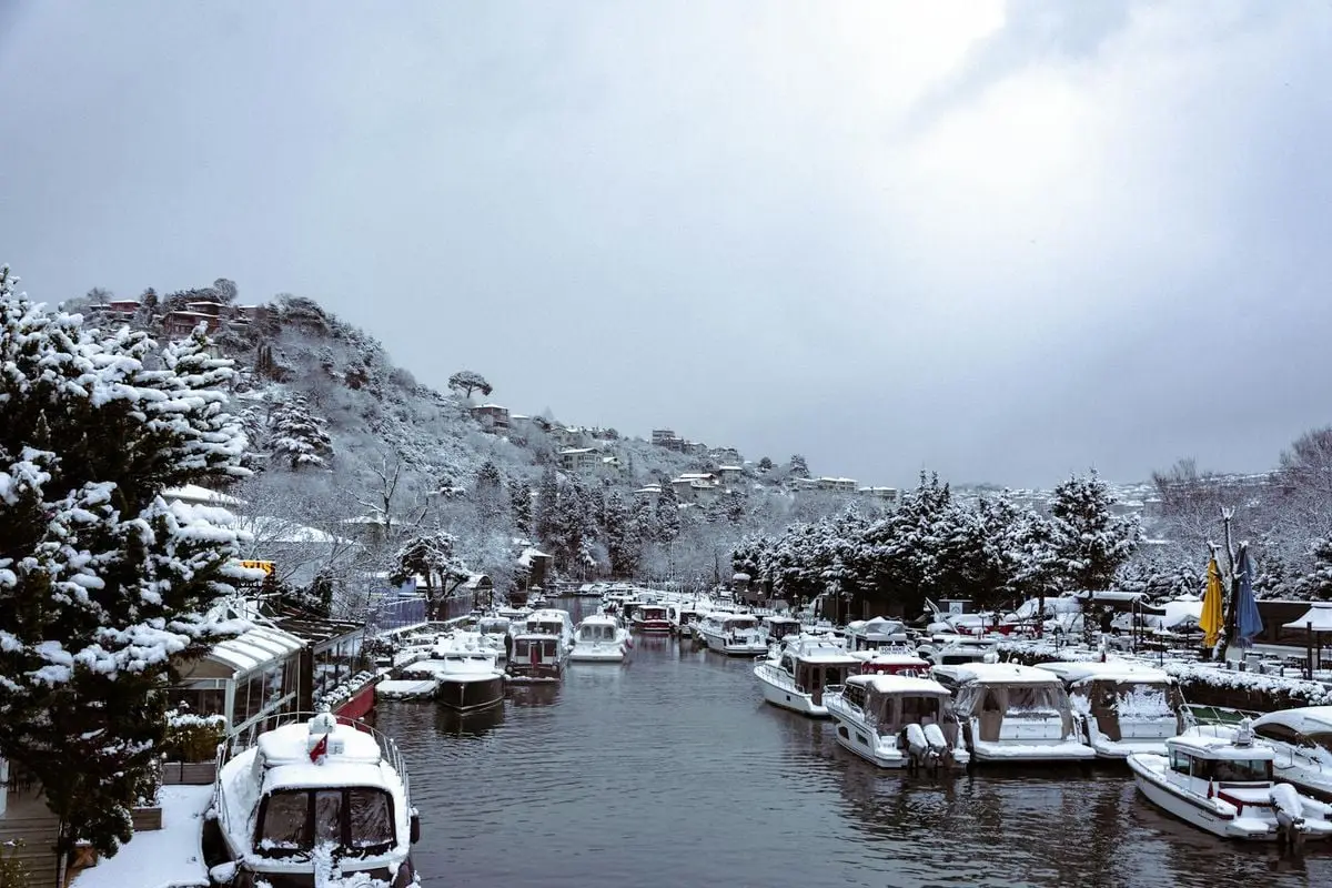 Snow-covered boats docked along a serene winter harbor scene.