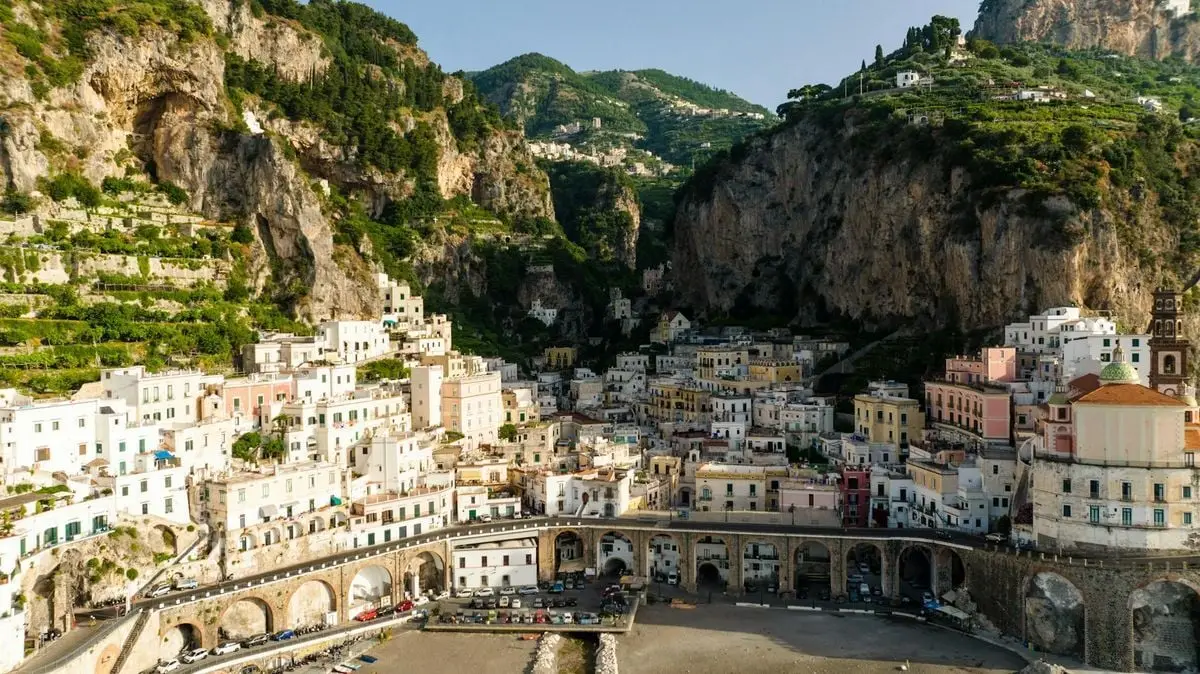 Aerial view of the picturesque town along the Amalfi Coast, Italy.
