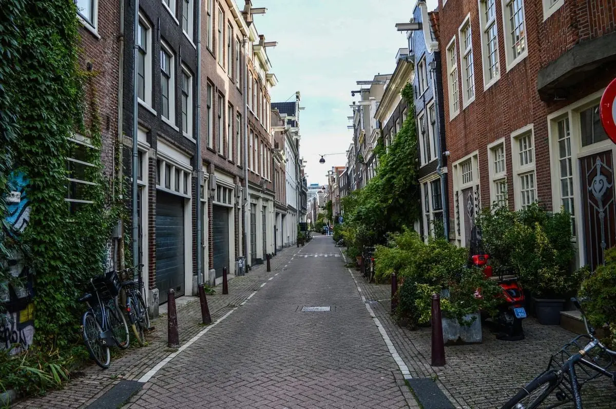 Discover a quaint, picturesque alley lined with historic buildings and greenery in a serene urban setting.