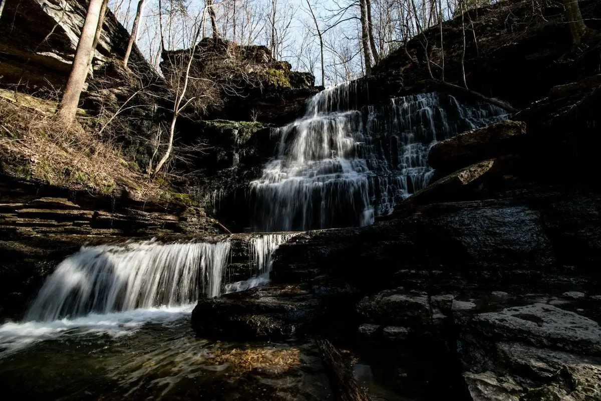 Serene waterfall cascading over rocks in a lush Tennessee forest, capturing nature's beauty.