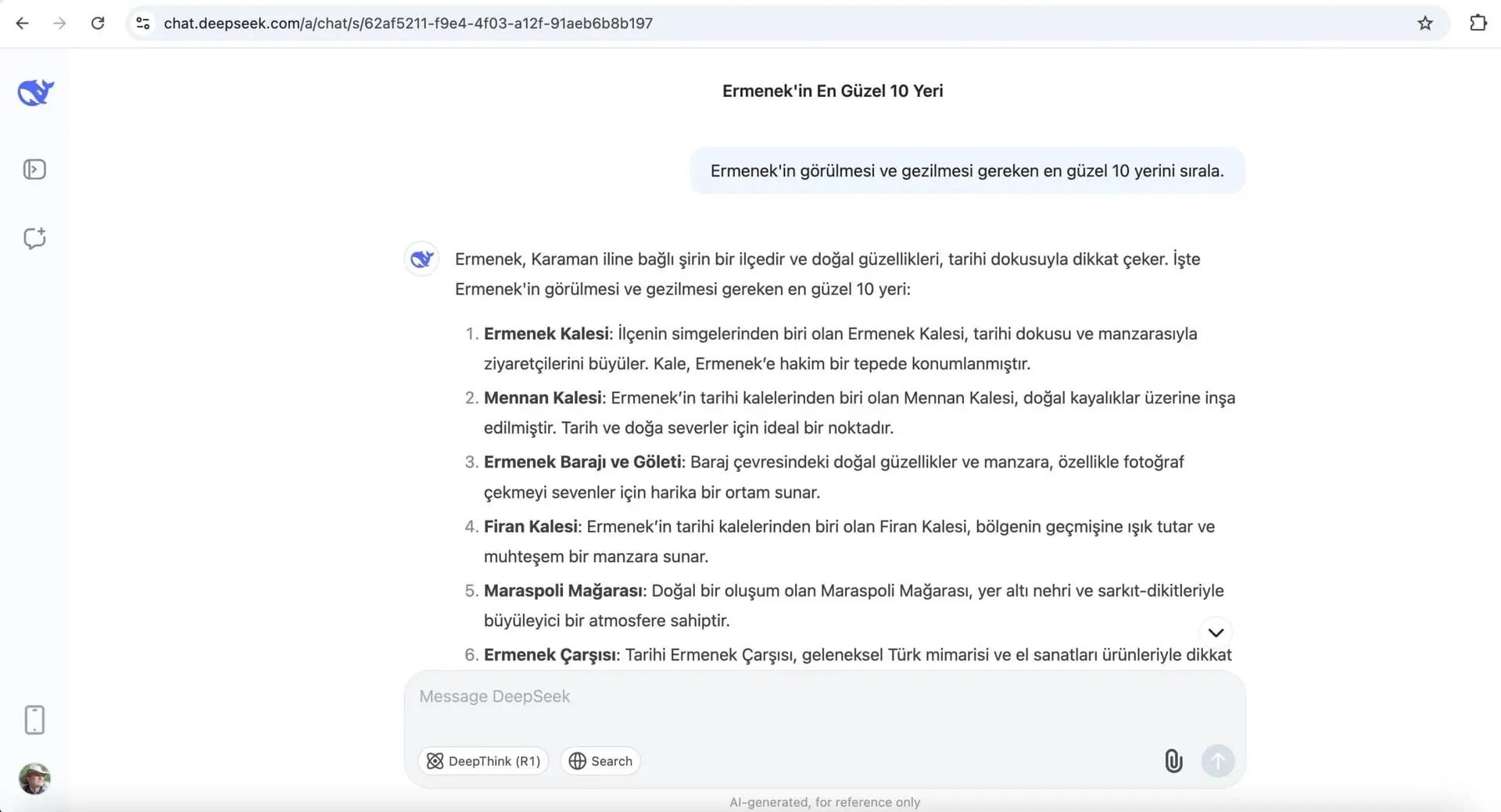 DeepSeek'e göre Ermenek'in görülmesi gereken 10 yeri