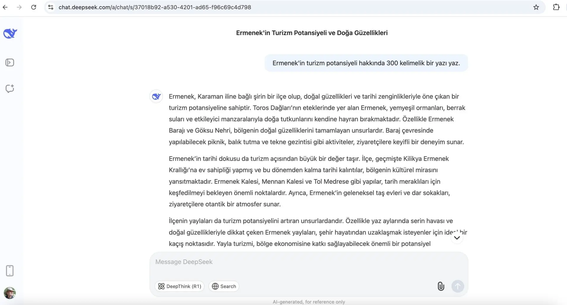 Yapay Zeka Platformu DeepSeek'e göre Ermenek