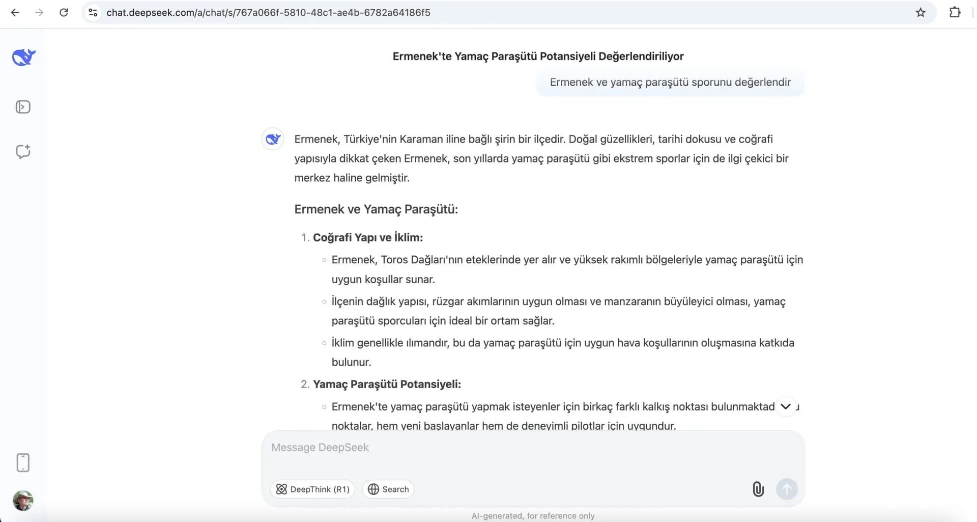 DeepSeek'e göre Ermenek ve Yamaç Paraşüt Sporu
